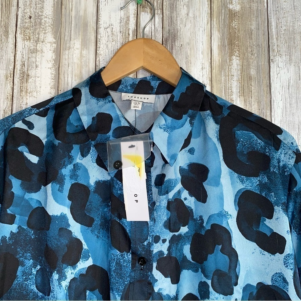 NWT Topshop Satin Blue Animal Print Button Down - Picture 5 of 6